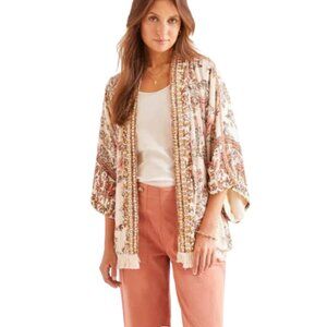 Tribal Rays Of Light Duster Embellished Floral Kimono Cardigan Fringe S/M